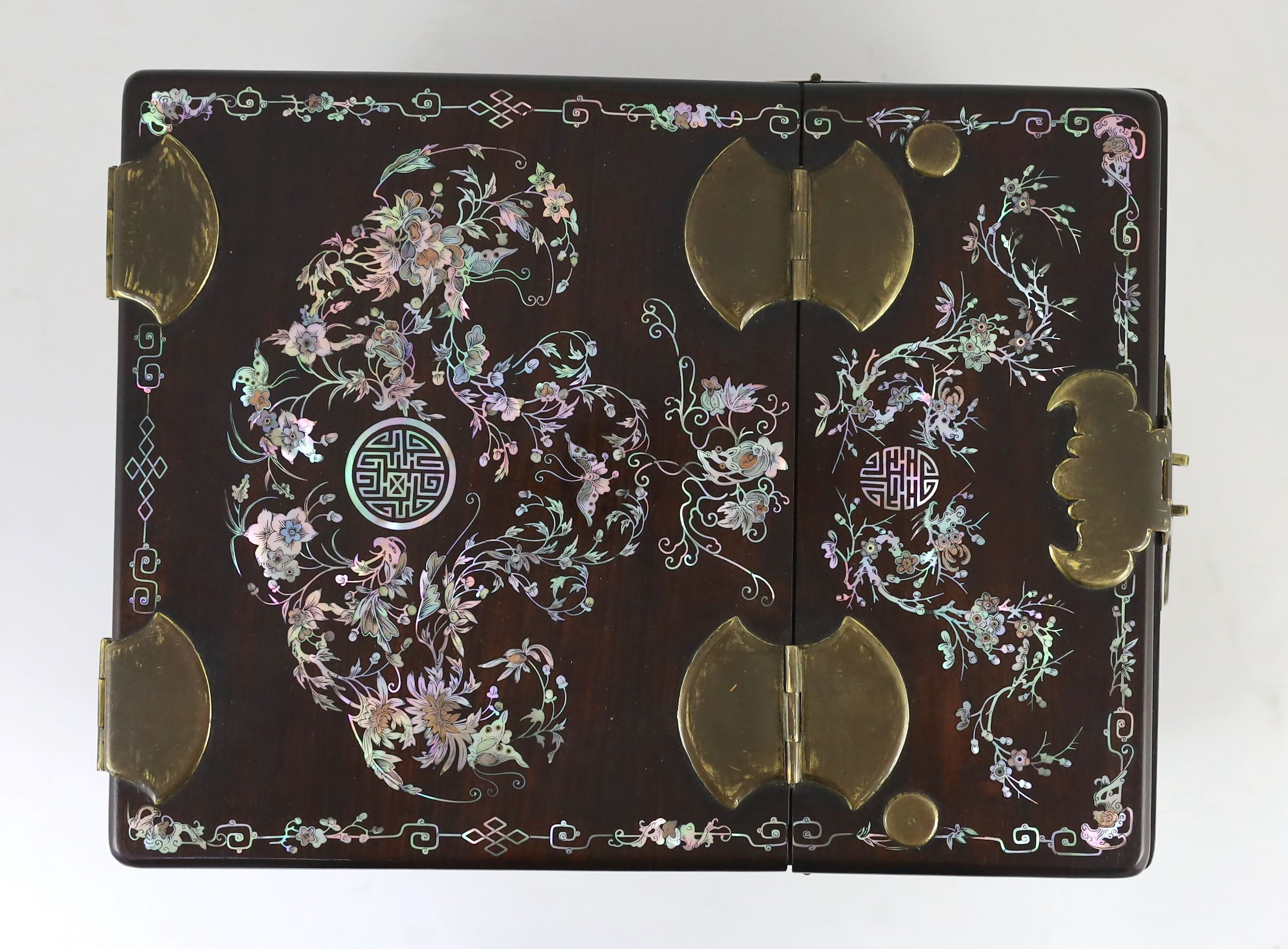 A Chinese hongmu and mother-of-pearl make up or jewellery box, late 19th century, 36 cm x 27 cm